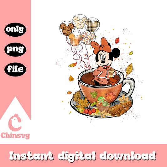 Minnie mouse autumn tea cup design png, minnie character png