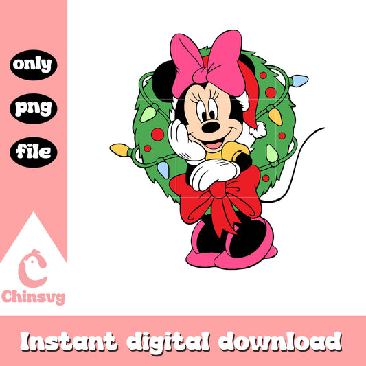 Minnie mouse in wreath christmas png, christmas minnie png