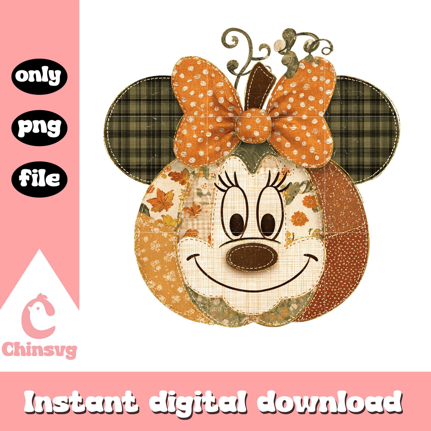 Minnie mouse patchwork pumpkin halloween png, minnie halloween png
