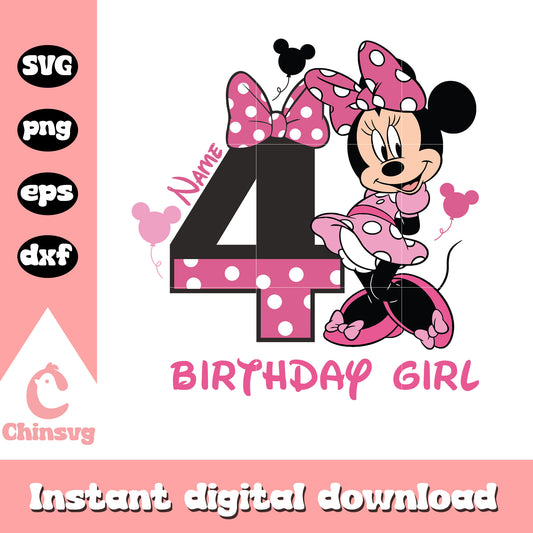 Minnie pink 4th birthday girl svg, minnie birthday​ svg