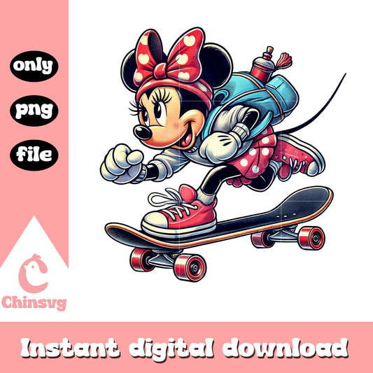 Minnie skateboarding to school design png, disney minnie png
