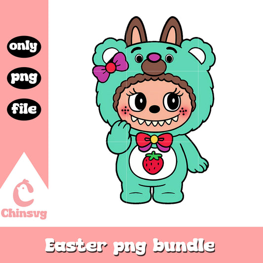 Mint green strawberry bear labubu cute doll png, labubu green png