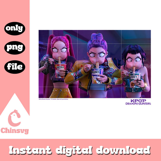 Mira rumi & zoey eating ramyeon png, huntrix members png