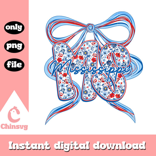 Mississippi Coquette floral bow png, red blue thin bow png