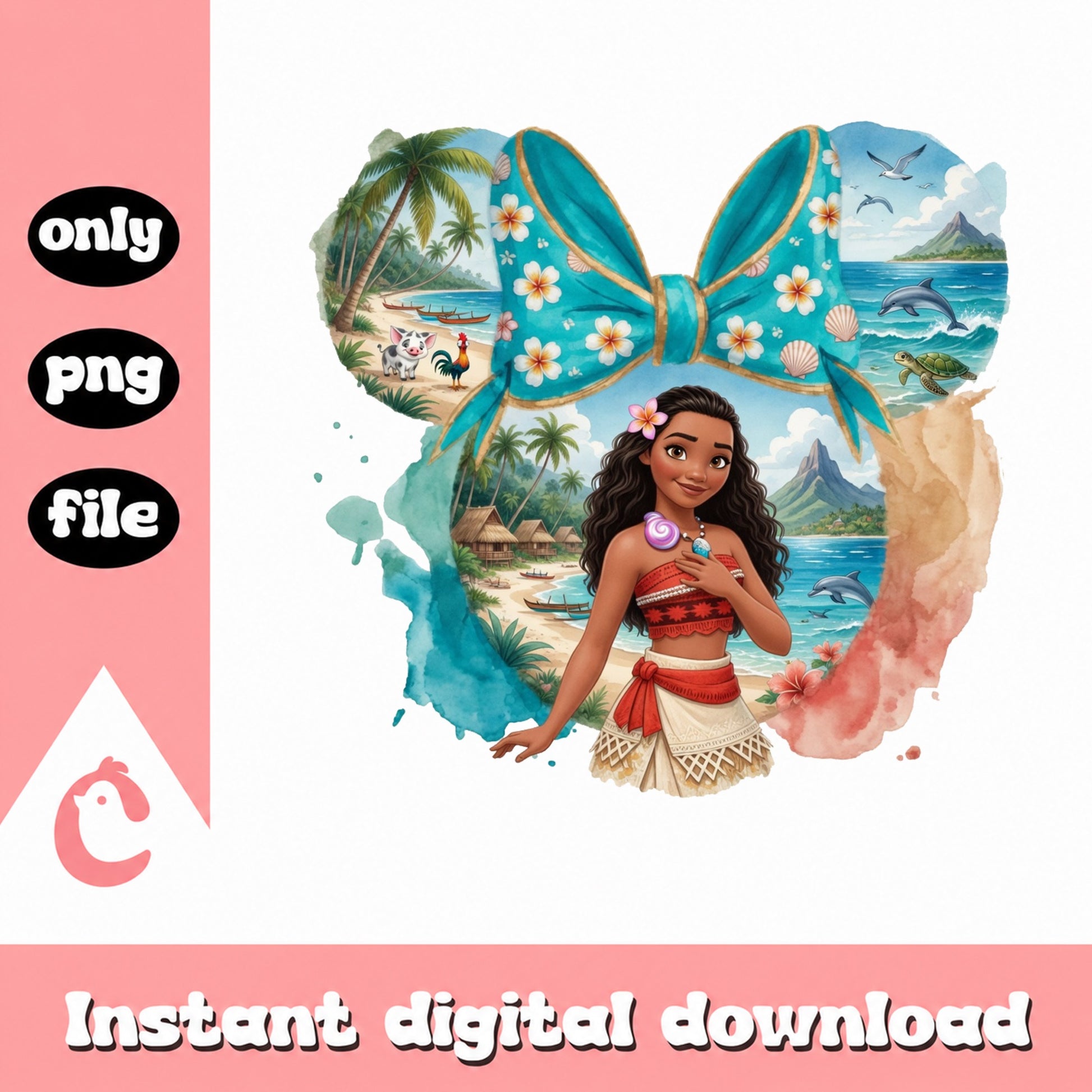 Moana Minnie Mouse Bow PNG, Disney Princess PNG, Watercolor PNG