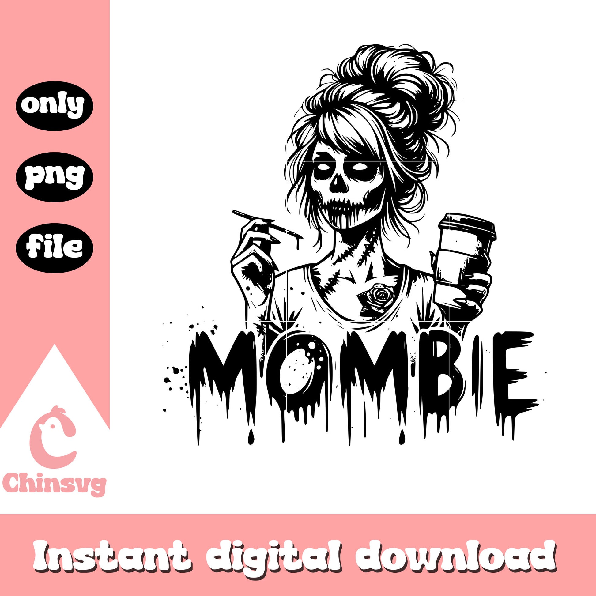 Mombie drink coffee design png, love coffee png