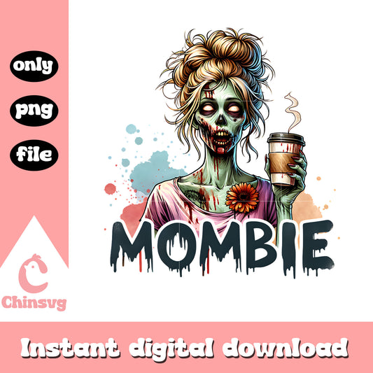 Mombie drinking coffee design png, horror zombie png