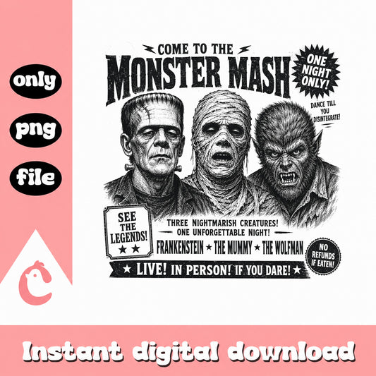 Monster Mash Halloween PNG, Frankenstein Wolfman Mummy PNG, Horror PNG