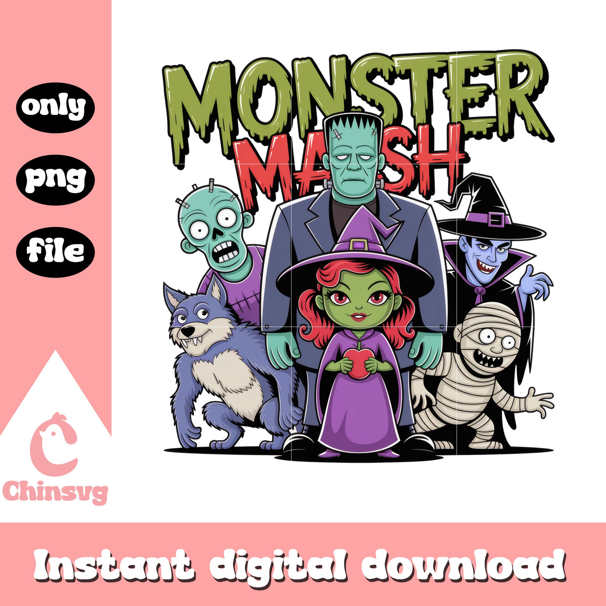 Monster mash characters vintage design png, monster mash png