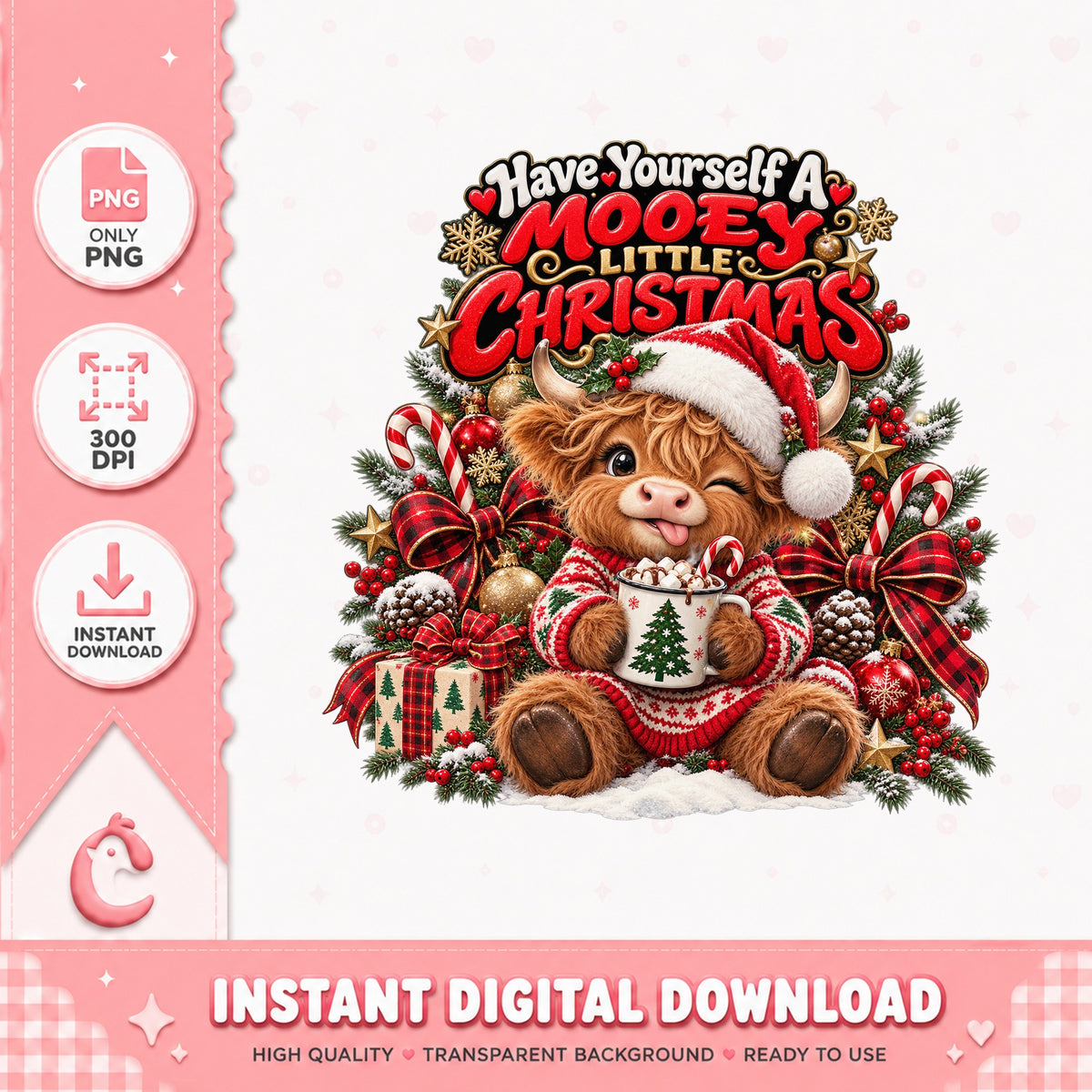 Mooey Little Christmas Cow PNG, Highland Cow Christmas, PNG
