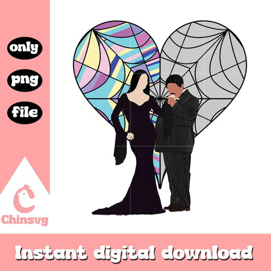 Morticia and gomez addams in love design png, wednesday family png