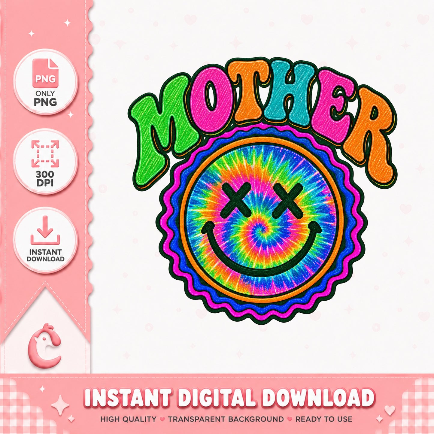 Mother Tie Dye Smiley Face PNG, Retro Groovy Mom, Sublimation PNG