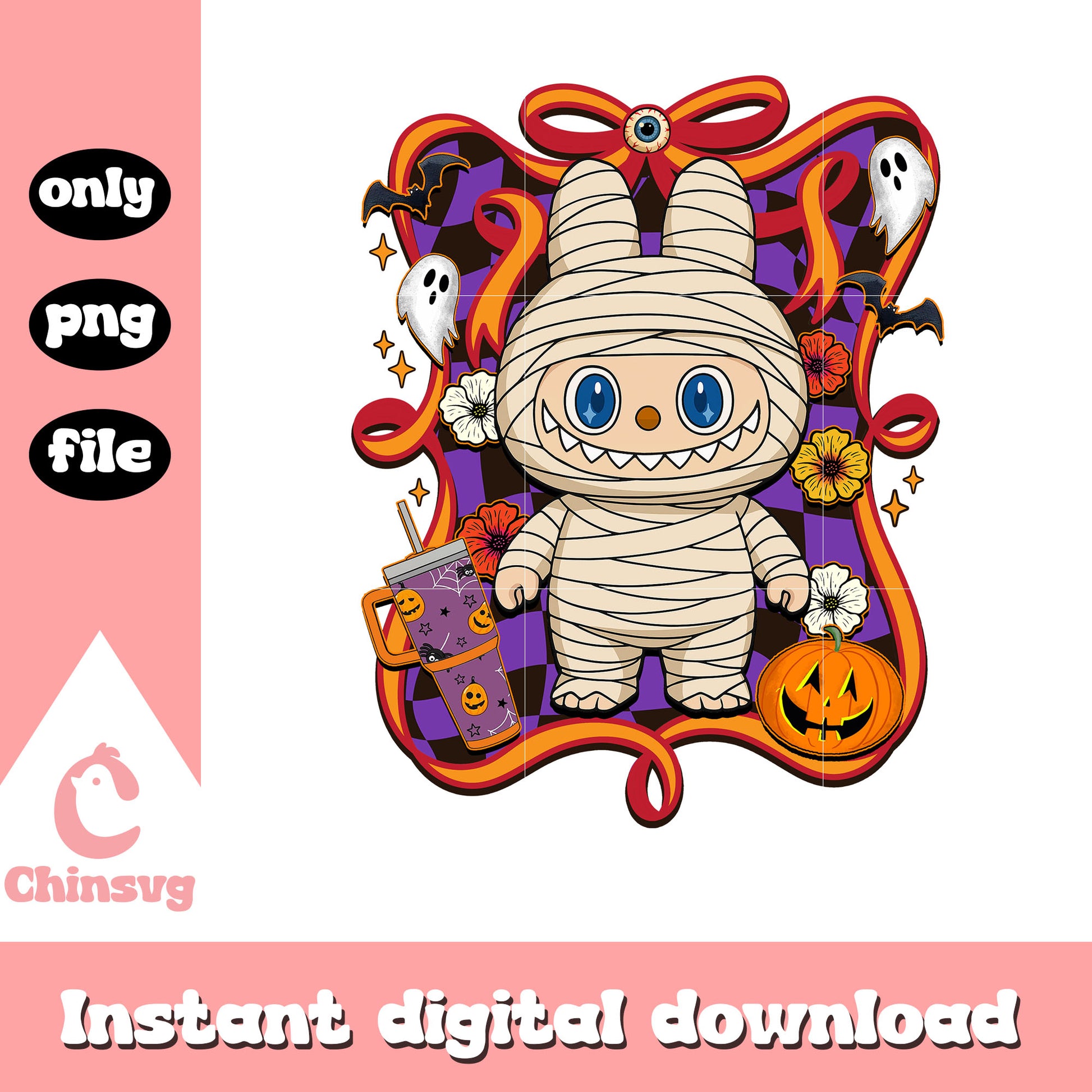 Mummy halloween labubu bow png, halloween clipart png, labubu baby png