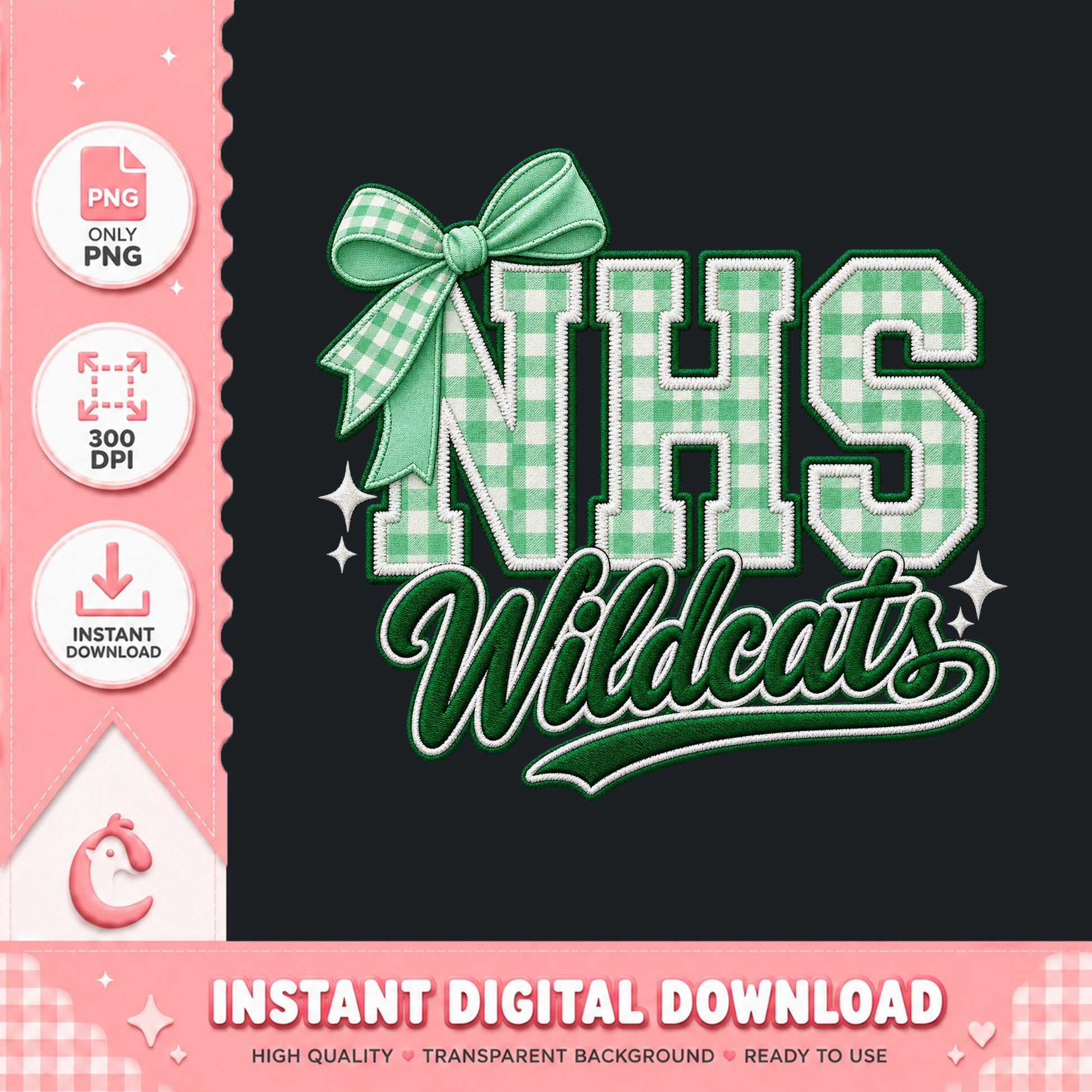 NHS Wildcats PNG, Green Gingham Bow Design, School Spirit PNG