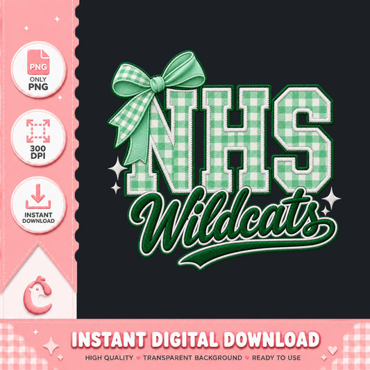 NHS Wildcats PNG, Green Gingham Bow Design, School Spirit PNG