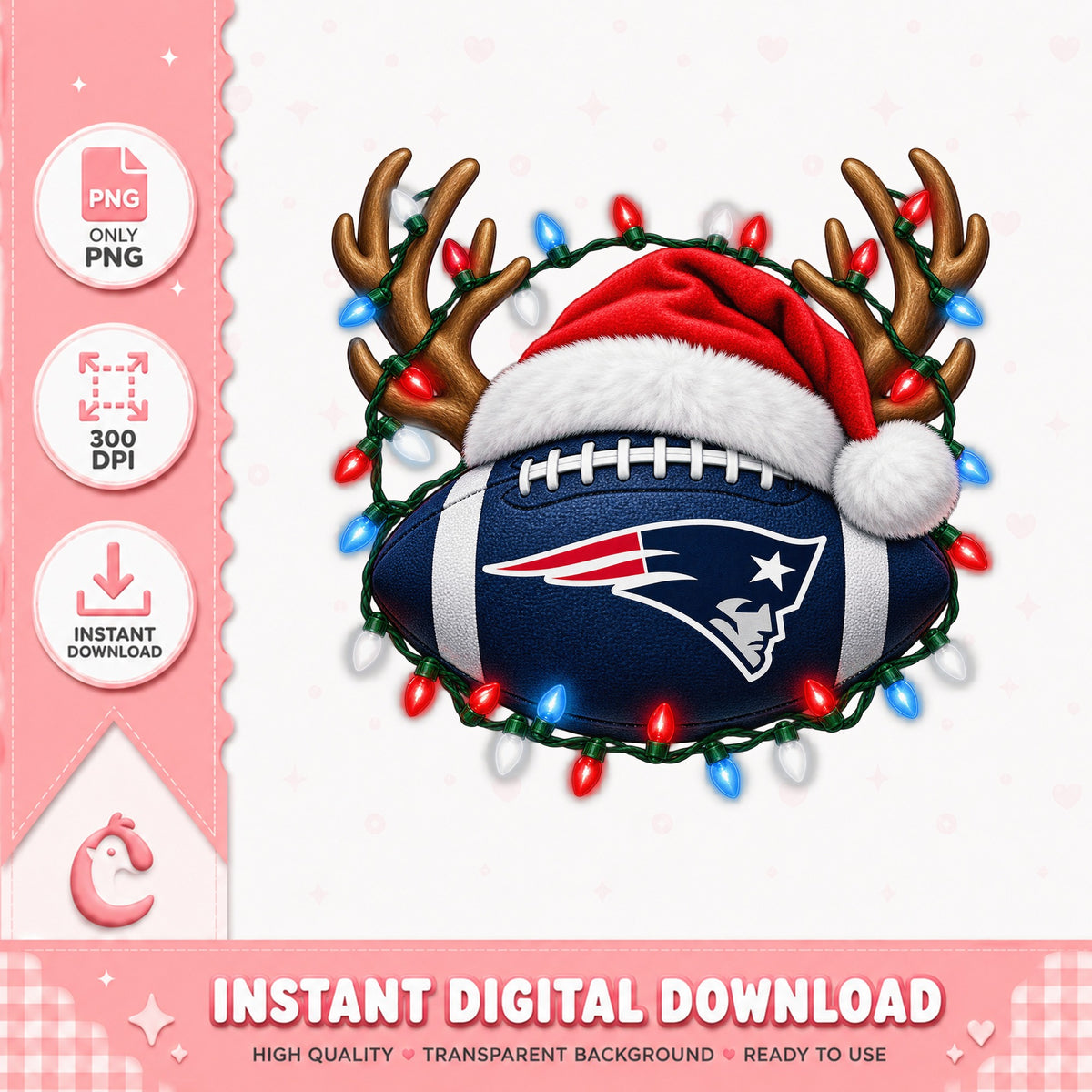 New England Patriots Christmas PNG, Football Santa Hat, Reindeer PNG