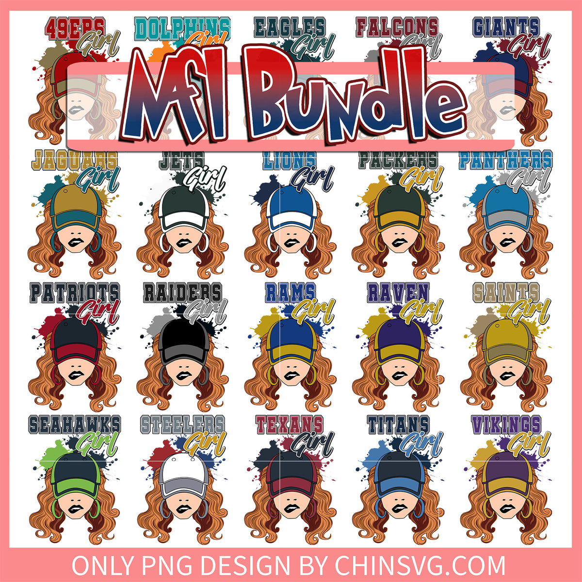 Nfl girl logo design bundle png, nfl mickey png, 32 nfl teams​ png