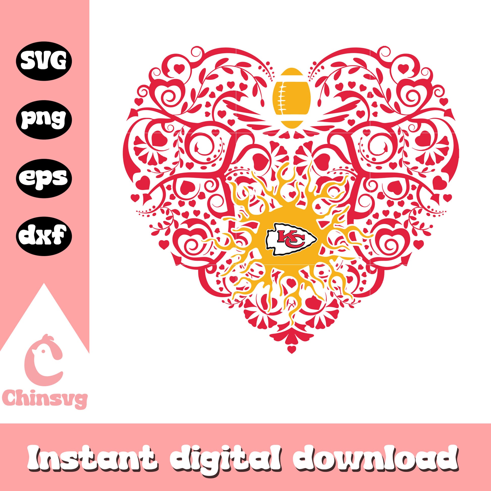 Nfl kc chiefs flower heart svg, kansas city nfl football svg