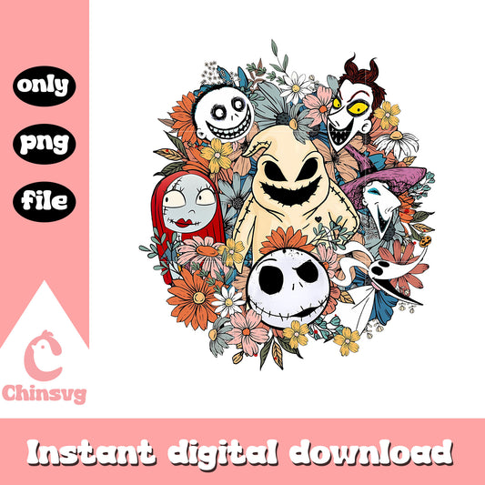 Nightmare before christmas characters floral png, jack skellington png