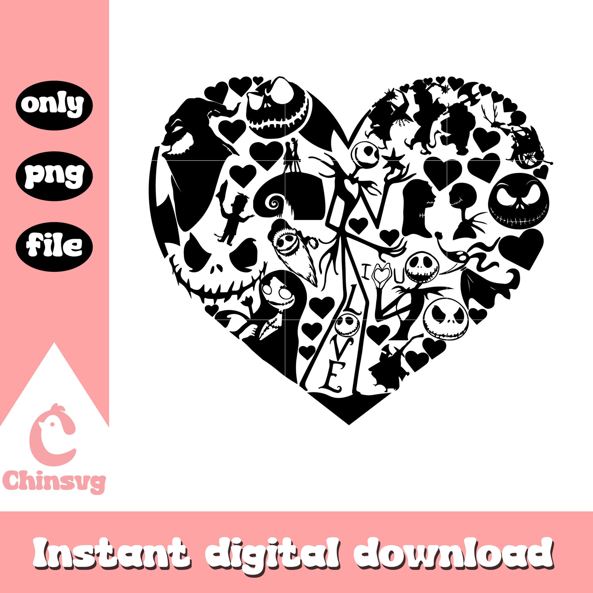Nightmare before christmas in heart frame png, jack sally png