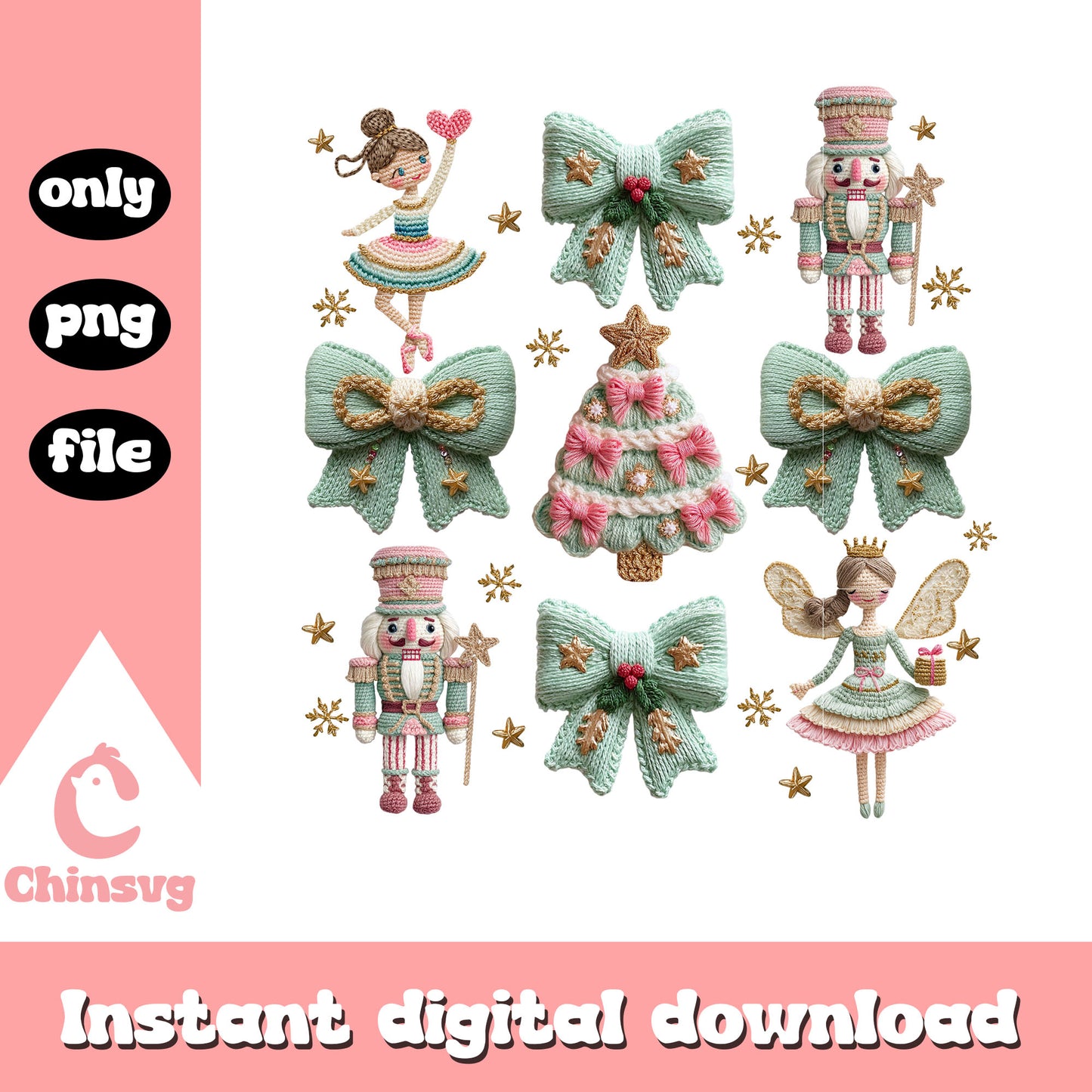Nutcracker and ballet christmas crochet png, christmas ribbon png