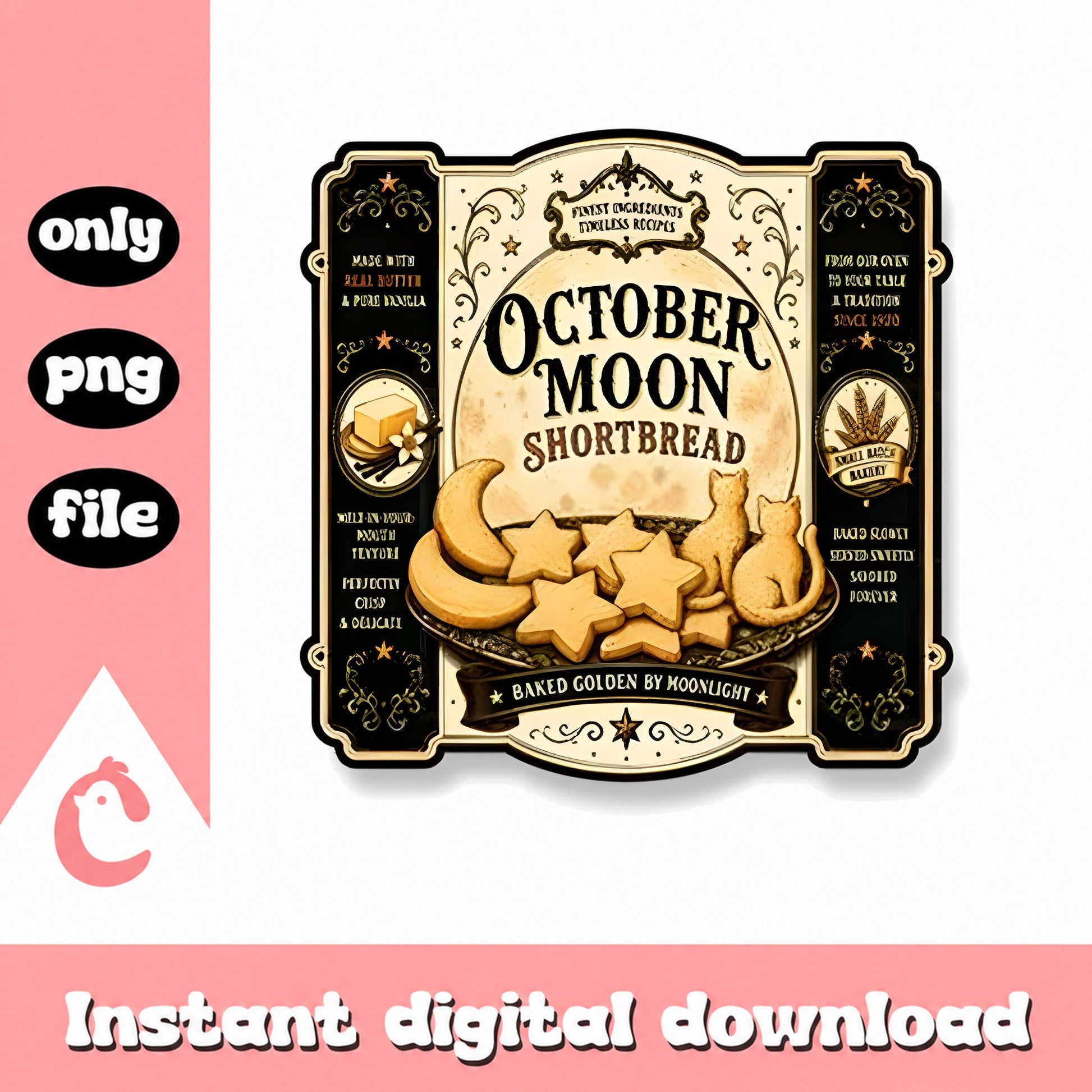 October Moon Shortbread Label PNG, Halloween Cat Cookies, PNG File