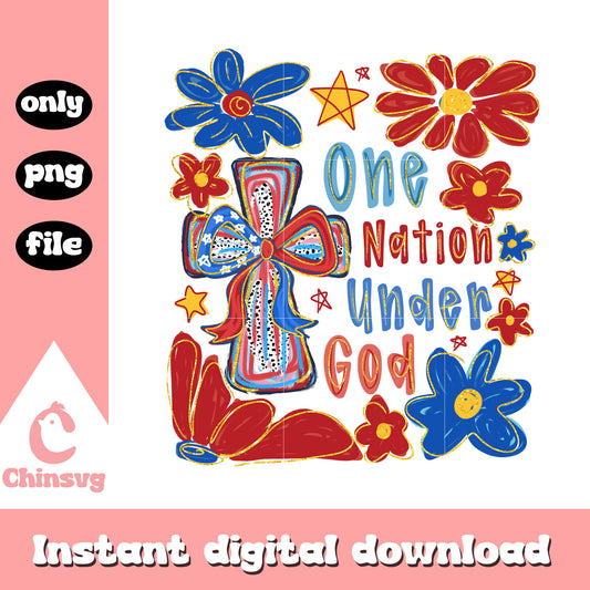 One nation under god cross flowers design png, 4th of july png