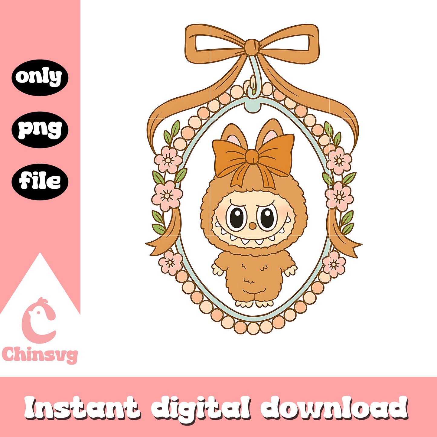 Orange labubu coquette bow floral mirror design png, labubu orange png  