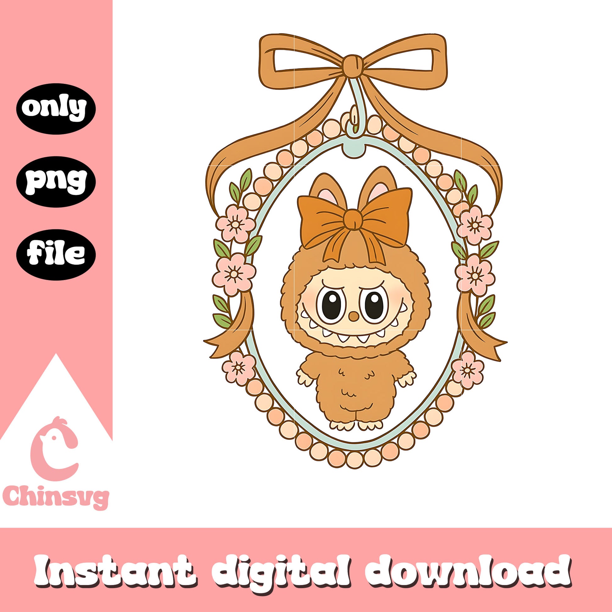 Orange labubu coquette bow floral mirror design png, labubu orange png  