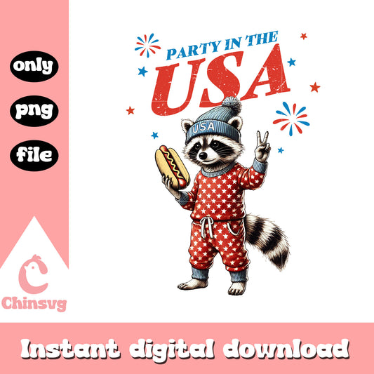 Party in the usa america cute raccoon design png, 4th of july png