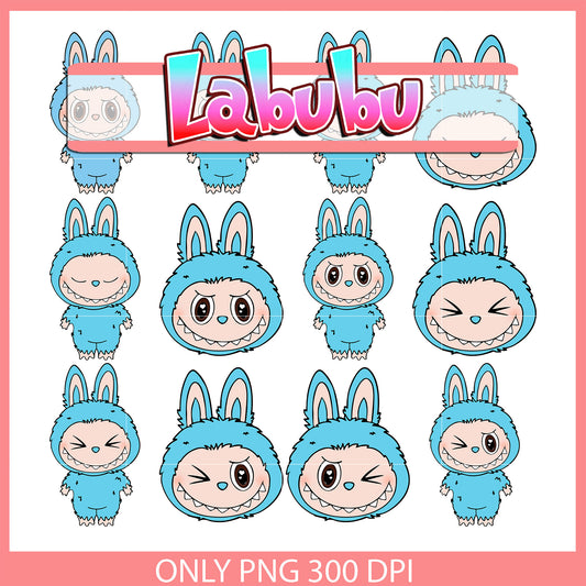 Pastel blue labubu expression clipart bundle png, doll labubu png