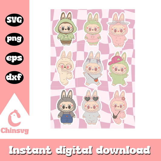 Pastel goth labubu collection drawing svg, labubu dolls svg
