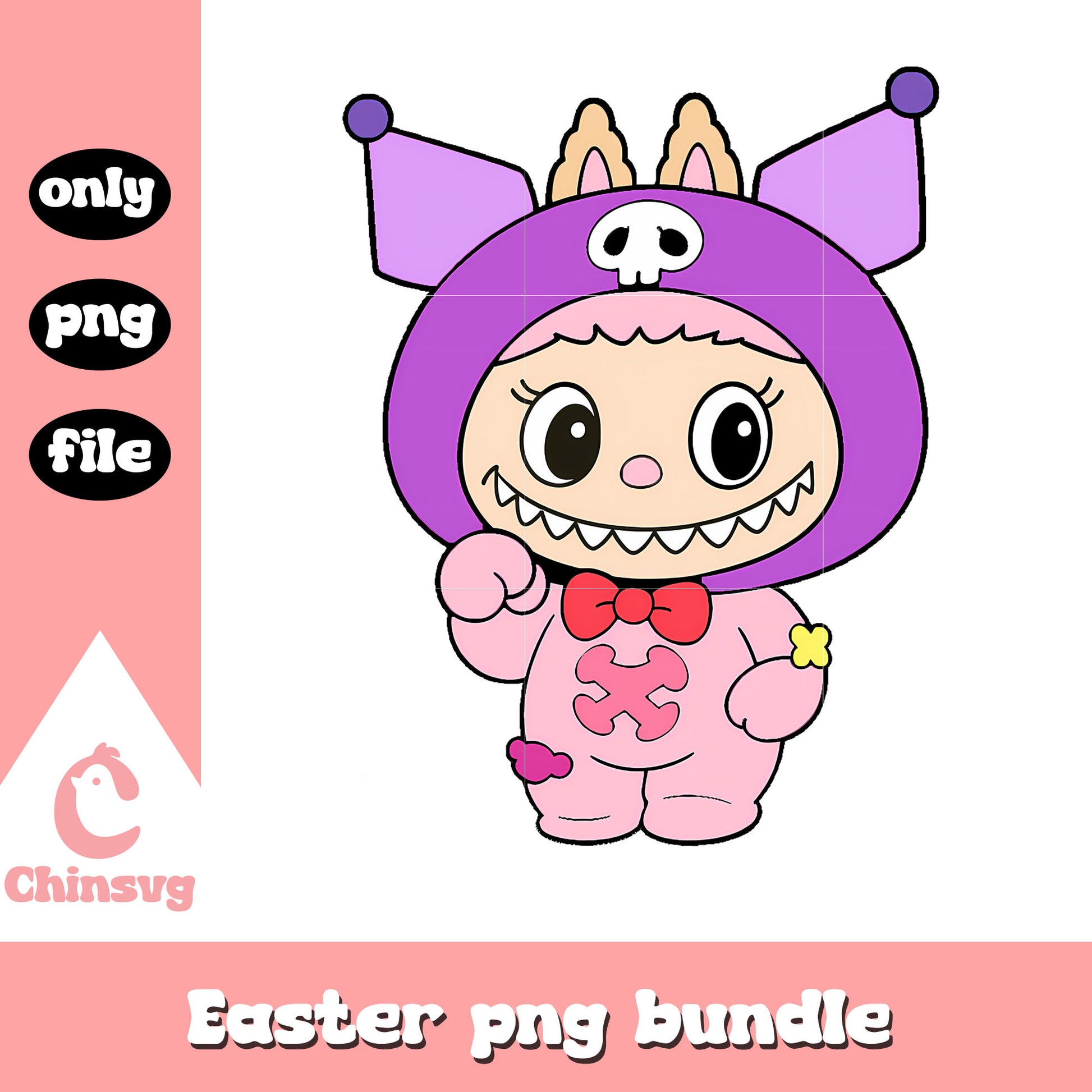 Pastel pink kuromi labubu cute doll drawing design png, kuromi art png