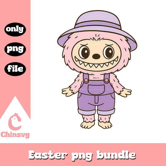 Pastel pink overalls labubu cute doll drawing png, labubu clothes png