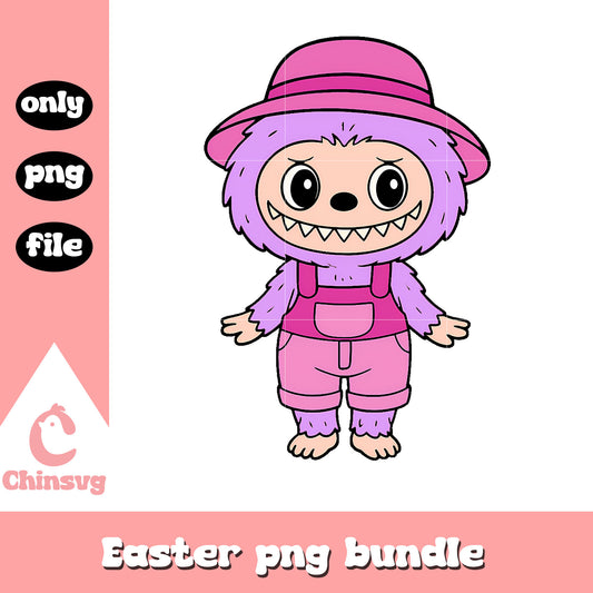 Pastel purple overalls labubu cute doll png, cute labubu png
