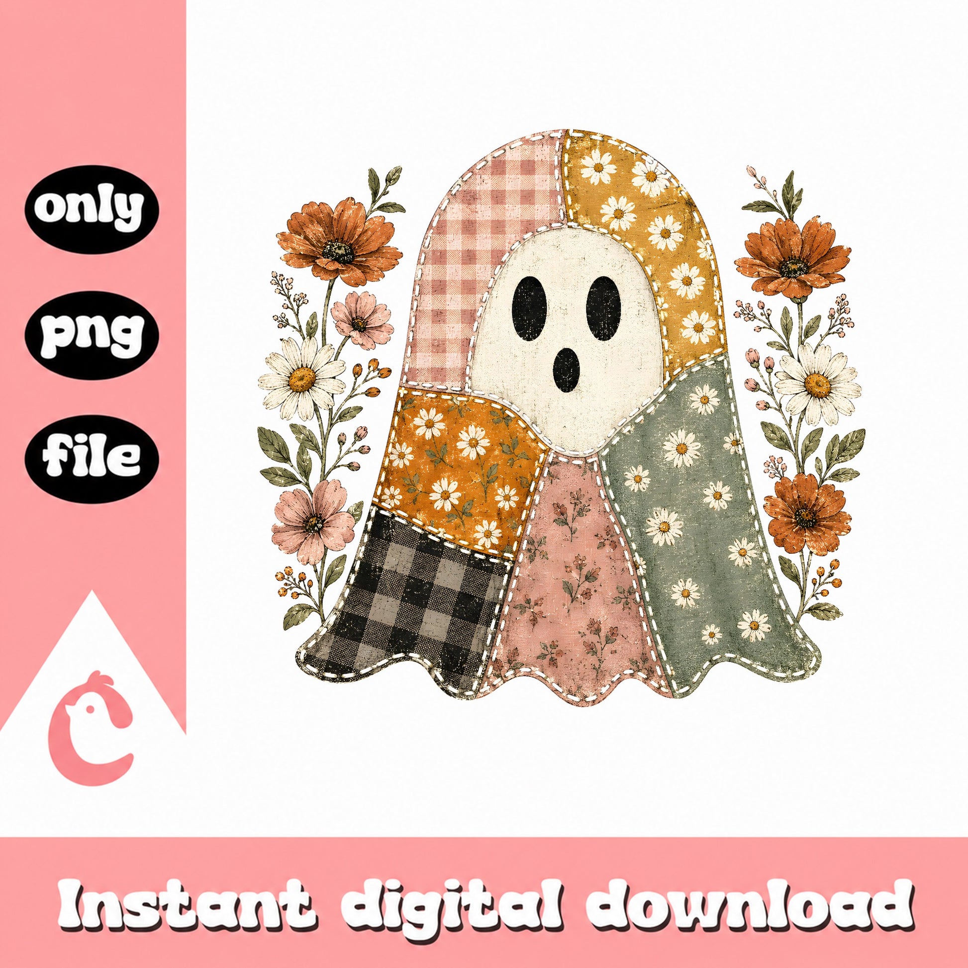 Patchwork Ghost With Flowers PNG, Fall Halloween Clipart, PNG