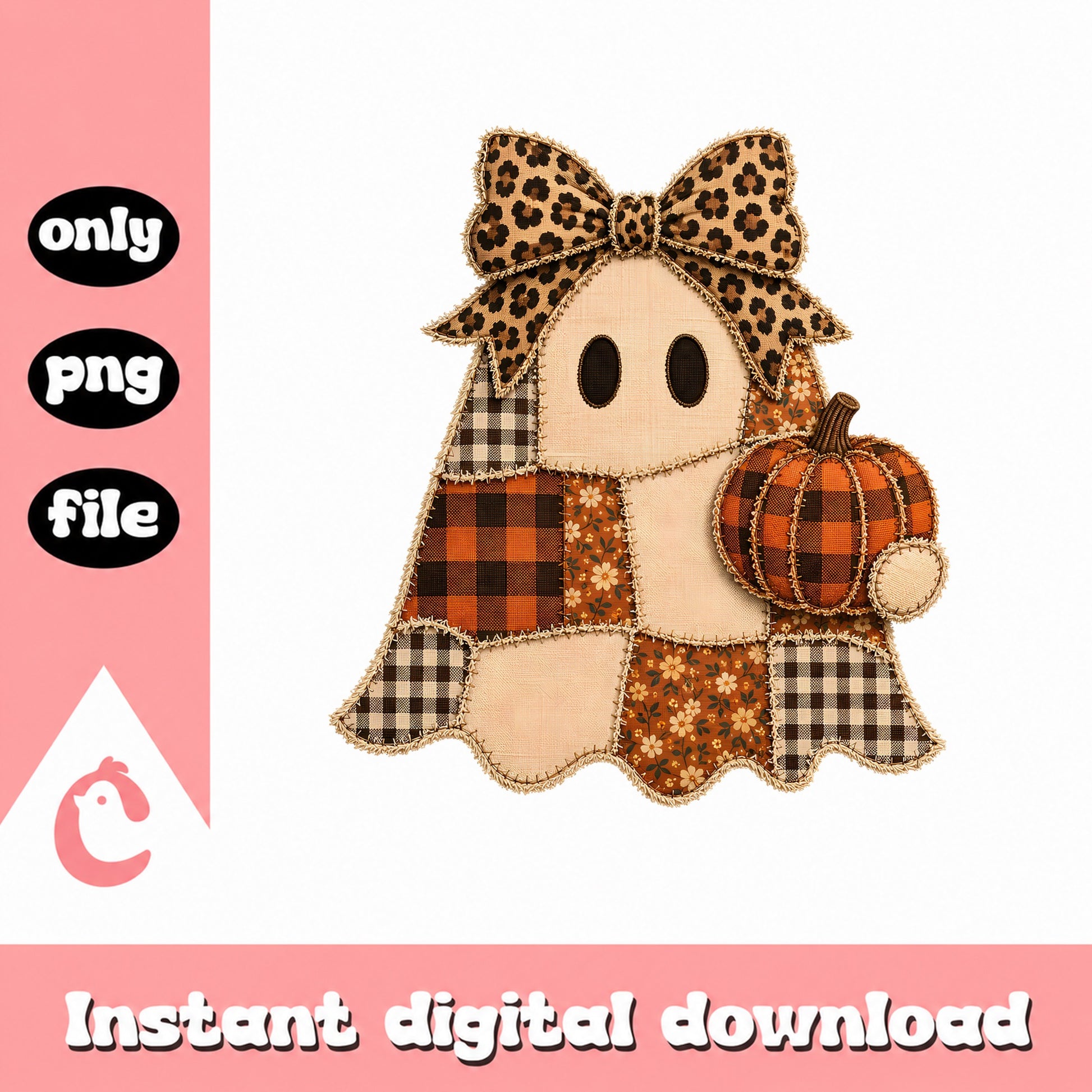 Patchwork Ghost With Pumpkin Halloween PNG, Cute Ghost PNG, Fall Halloween PNG