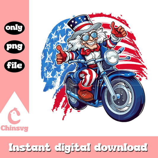 Patriotic Uncle Sam Motorcycle png, America flag retro png