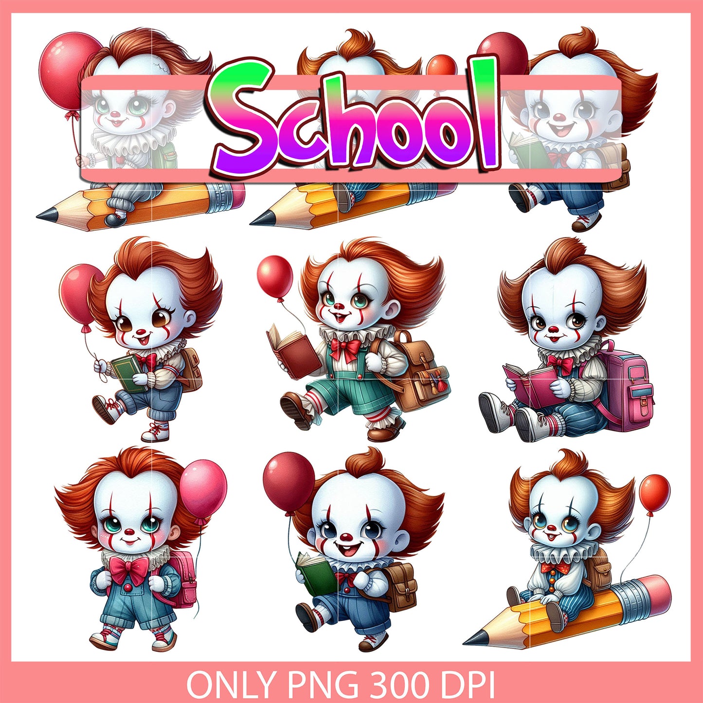 Pennywise back to school design bundle png, pennywise character png