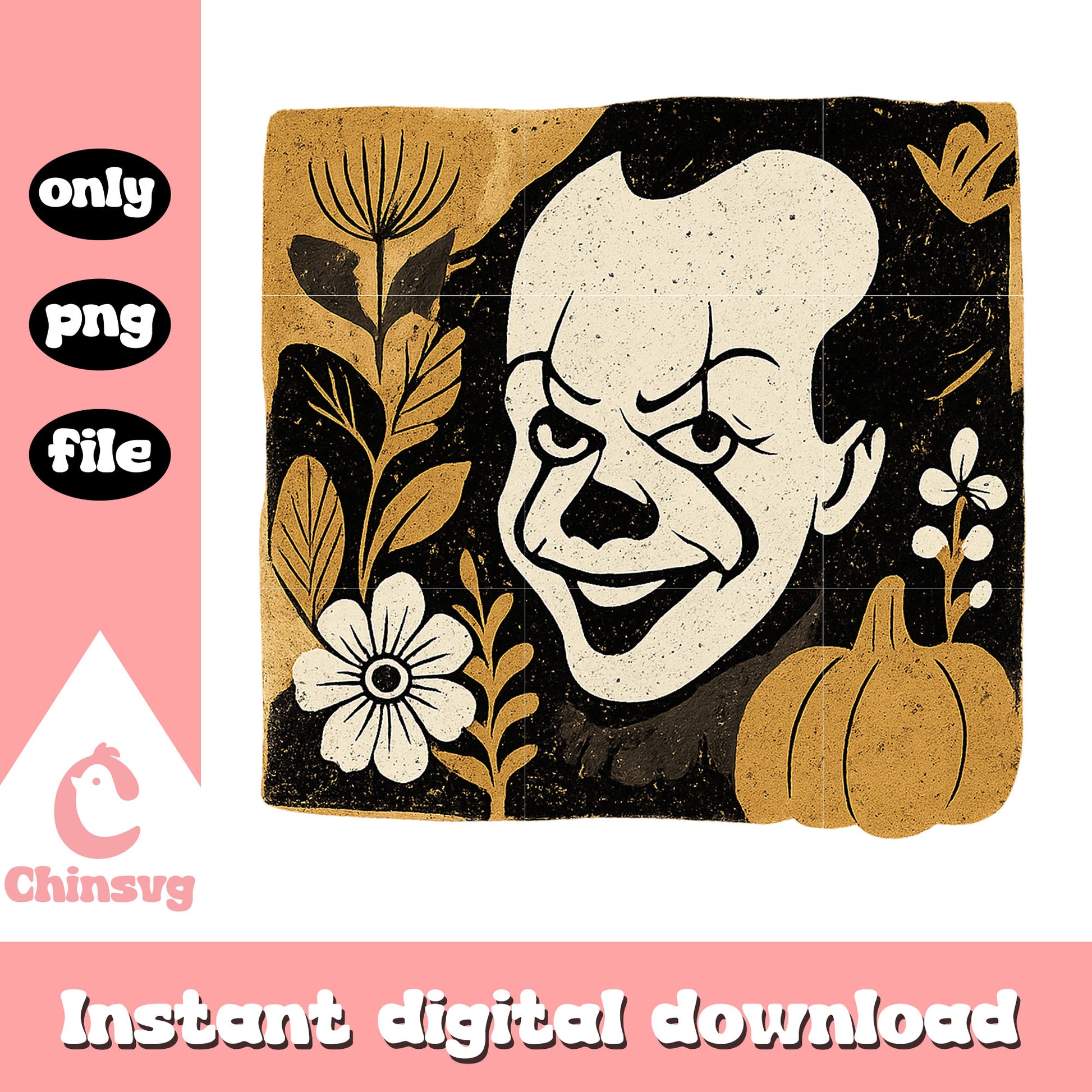 Pennywise floral portrait clipart png, pennywise movies png