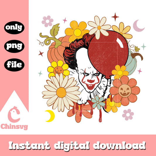 Pennywise head ballon floral design png, halloween design png