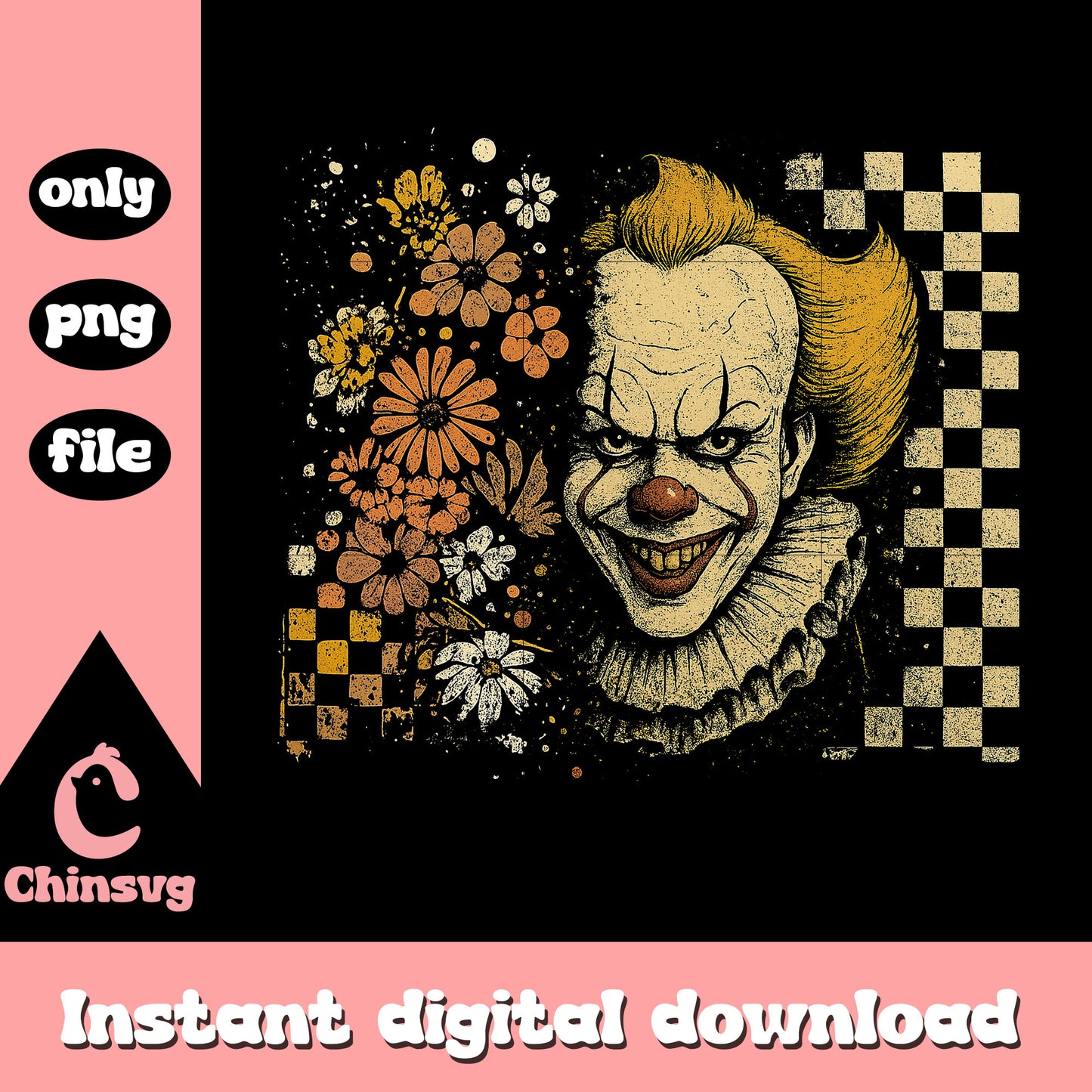 Pennywise head floral design png, pennywise mask png
