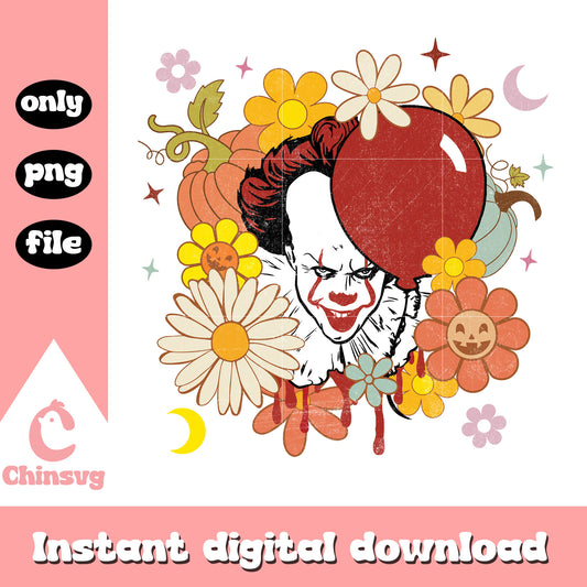 Pennywise portrait floral halloween png, pennywise halloween png