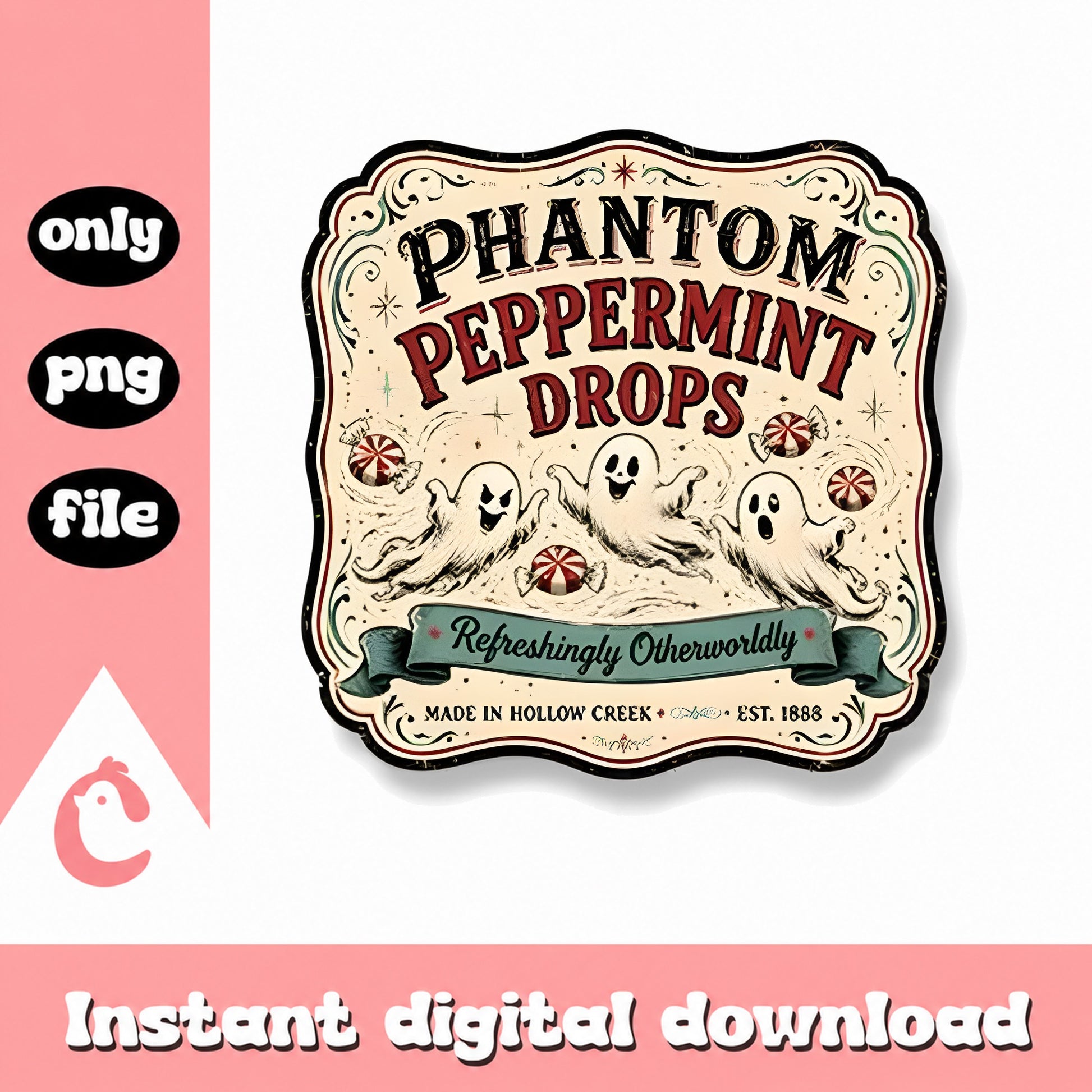 Phantom Peppermint Drops Label PNG, Halloween Ghost PNG, PNG File