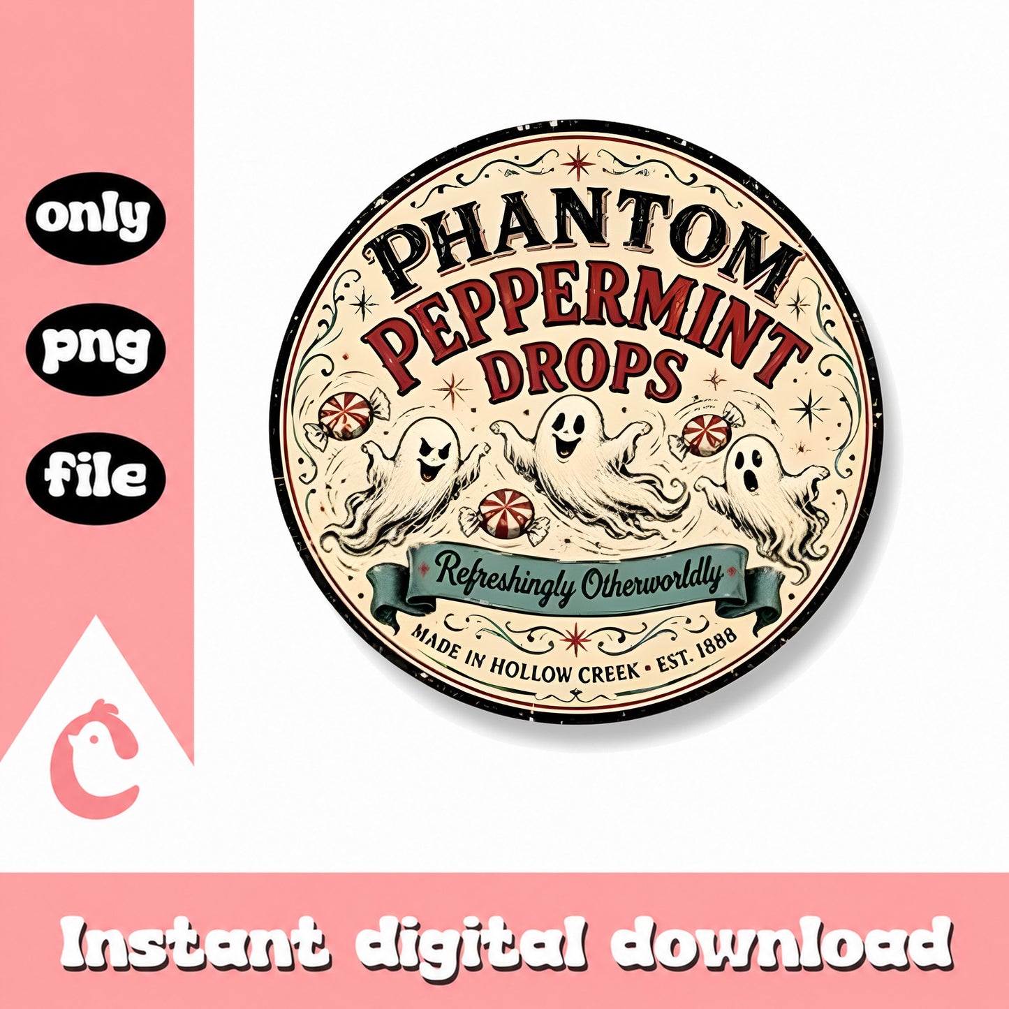 Phantom Peppermint Drops PNG, Vintage Halloween Label, Ghost PNG