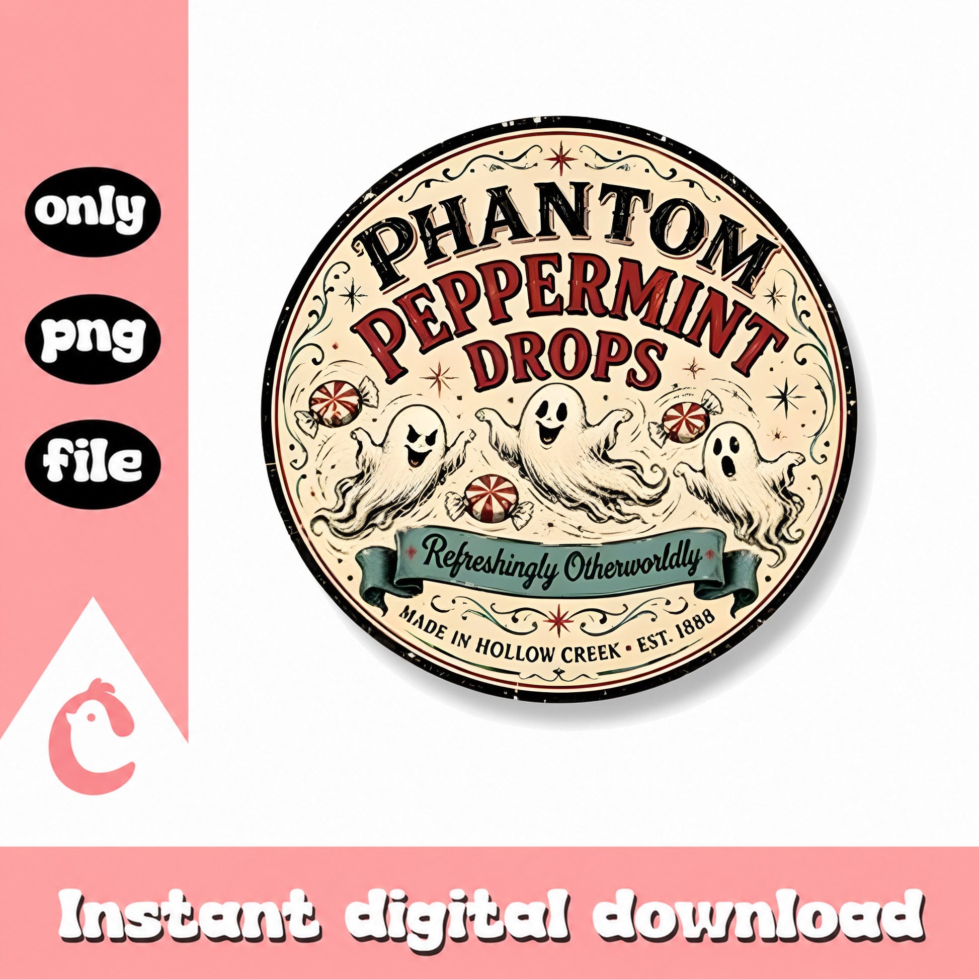 Phantom Peppermint Drops PNG, Vintage Halloween Label, Ghost PNG