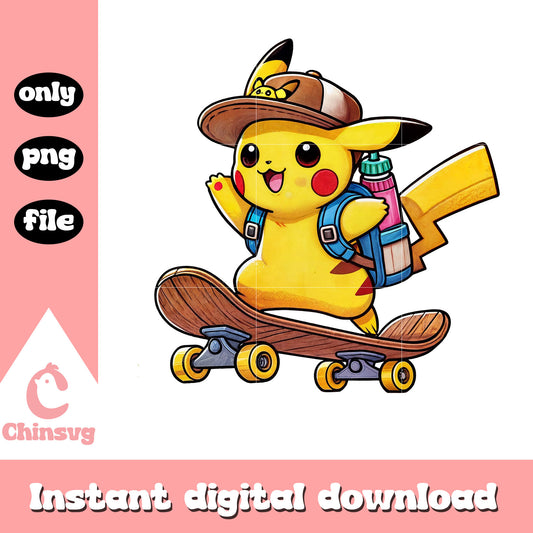 Pikachu skateboarding to school design png, pikachu character png
