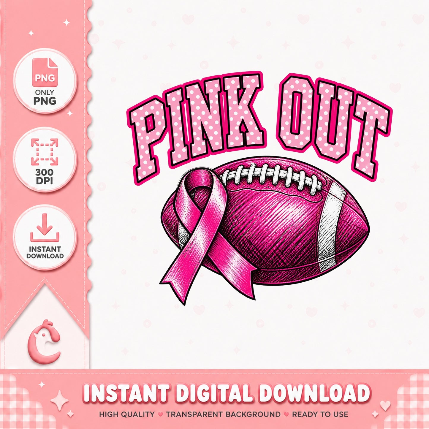 Pink Out Football Awareness Ribbon, Breast Cancer Support, PNG