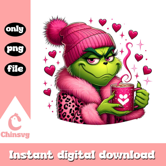 Pink grinch leopard drink coffee png, grinch coffee​ png