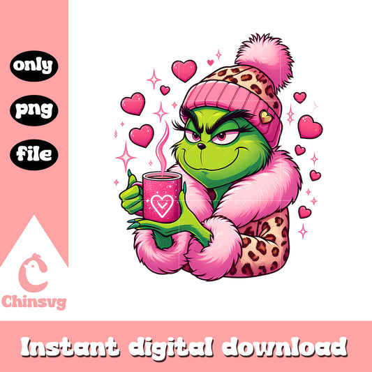 Pink grinch leopard love coffee design png, grinch drink coffee​ png